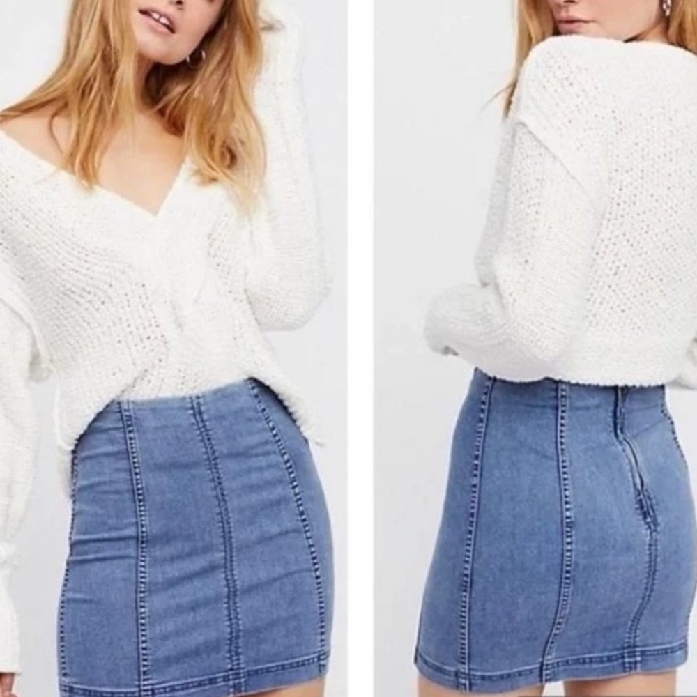 ⭐️2/$20 Free People Womens Modern Femme Denim Jean Stretch Bodycon Mini Skirt - Picture 2 of 15